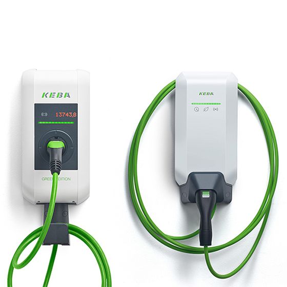 KeContact P30 and P40 charging stations for electric cars, ready to charge with a green cable mounted on a wall.
