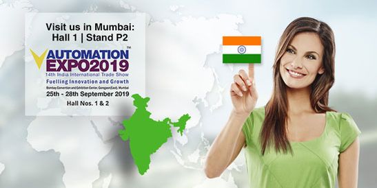 Stand P2 – Automation Expo 2019”, including the dates “September 25–28, 2019”, a map of India, and a person presenting the Indian flag.
