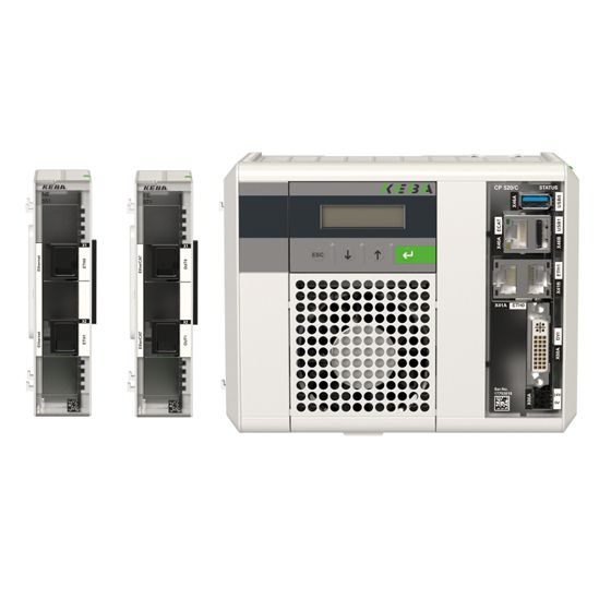Industrial control system with a main unit featuring a digital display, ports, and two modular components on the side.
