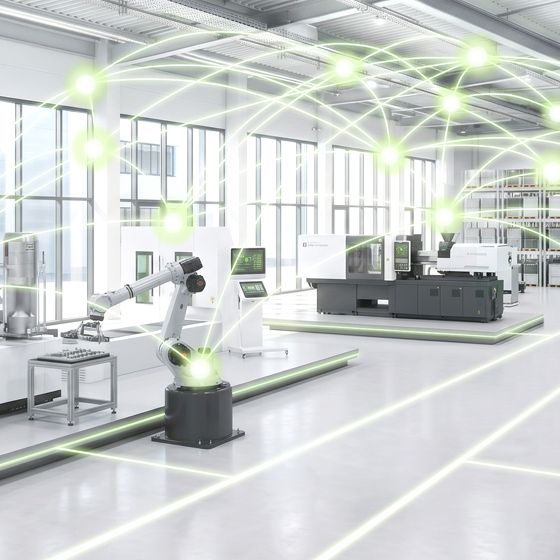Modern production hall with machines, a robotic arm, a worker at a control panel, and graphic lines showing connections between the systems.