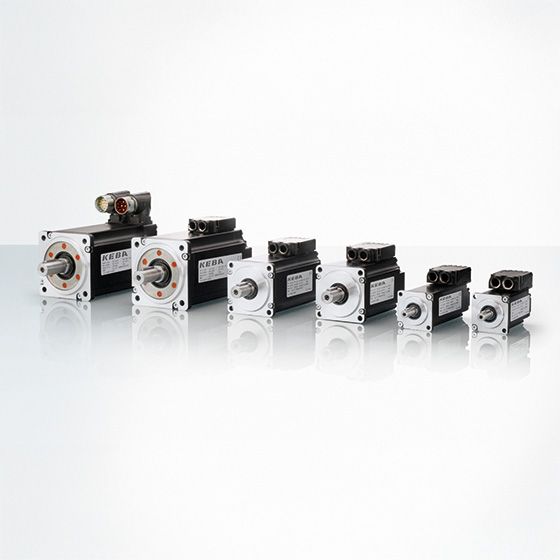 Several KEBA servo motors of different sizes are lined up in a row.