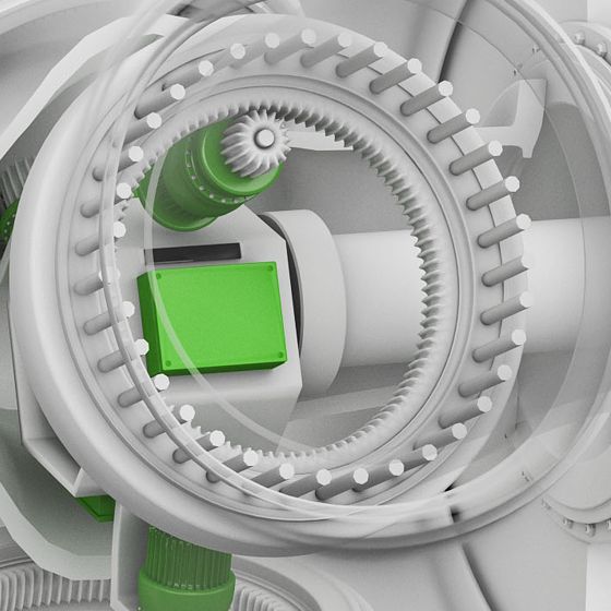 Cross section of a wind turbine shows the pitch servo controller from KEBA