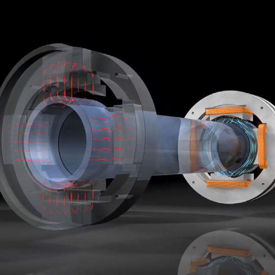3D representation of an electromagnetic drive system with visible magnetic fields and coils. The image symbolizes energy transmission, precision, and innovative motor technology in industrial automation.