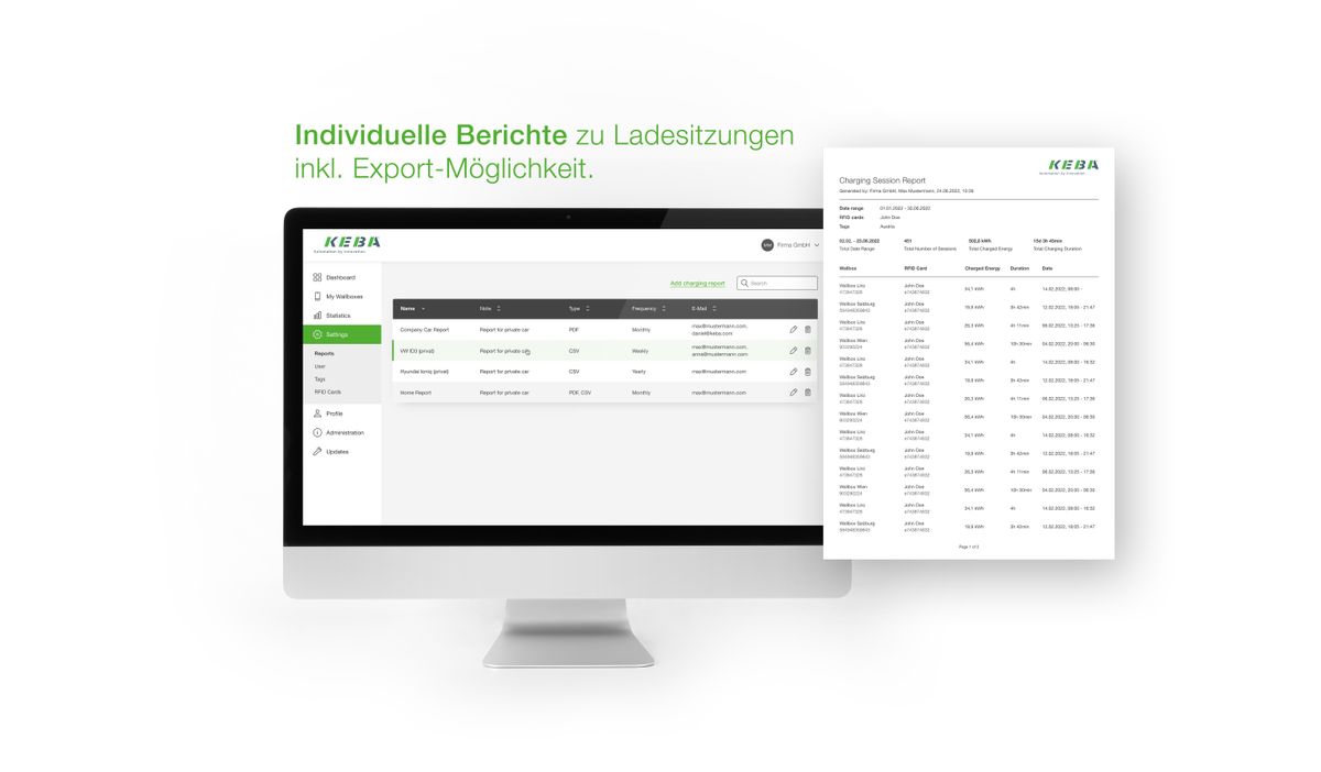 Individuelle Berichte zu Ladesitzungen inkl. Export-Möglichkeit.