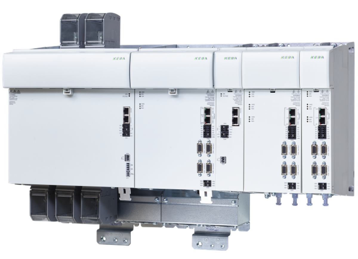 Großes Antriebssystem KEBA KeDrive D3 mit mehreren Modulen und Anschlussbuchsen zur industriellen Automatisierung.
