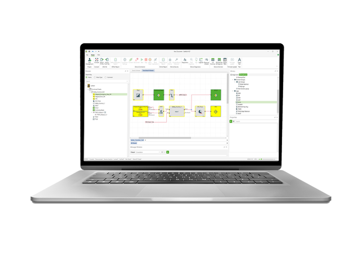 Laptop mit KeStudio SafeEdit und einem Diagramm auf dem Bildschirm. Die Benutzeroberfläche zeigt verschiedene Tools und Optionen auf hellem Hintergrund.