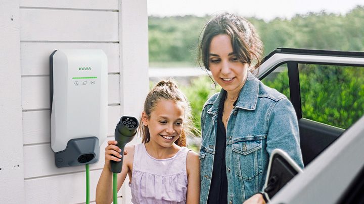 Woman and girl standing next to a car and a KEBA wallbox holding a charging cable.