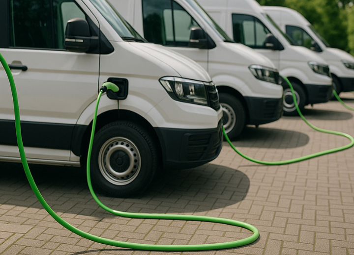 Ein Firmengebäude mit moderner Architektur. Davor ist ein weißes Elektrofahrzeug geparkt und mit einer KEBA-Ladestation verbunden.