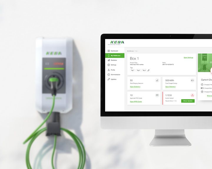 Un ordinateur avec le portail eMobility de KEBA est visible, avec une borne de recharge en arrière-plan.