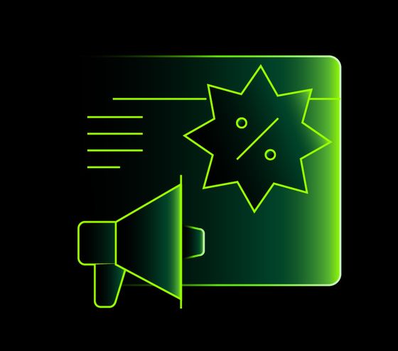 Stilisierte Werbeanzeige mit Megafon und Rabatt-Symbol in leuchtendem Grün auf schwarzem Hintergrund. Das Symbol steht für Marketingkampagnen, Sonderangebote oder digitale Werbung.