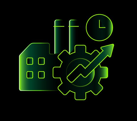 Stilisierte Fabrik mit Zahnrad, Aufwärtspfeil und Uhrsymbol in leuchtendem Grün auf schwarzem Hintergrund. Das Symbol steht für Produktivität, Prozessoptimierung oder Effizienzsteigerung in der Industrie.