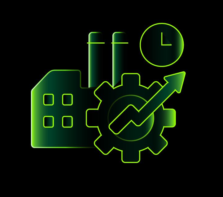 Icon of a factory with a gear and arrow