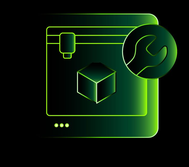 Icon of a display with a wrench and cube