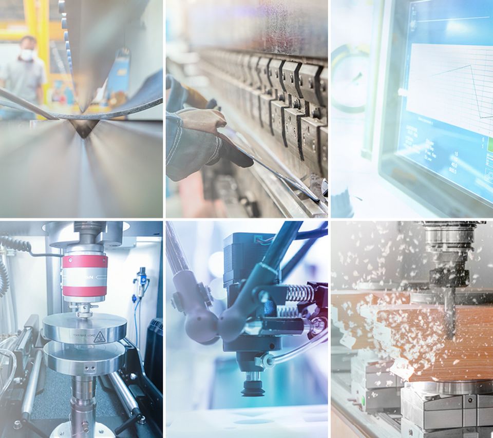 Collage of six different machine types for mechanical engineering