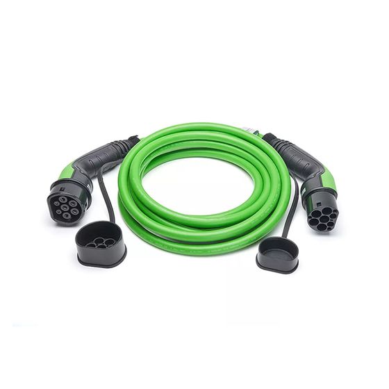 Coiled green Type 2 cable for charging an electric vehicle