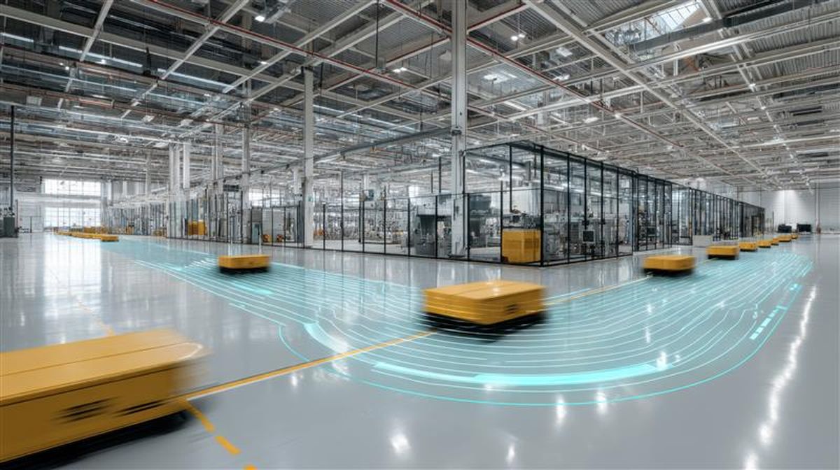 Mobile, gelbe Roboter bewegen sich schnell auf festgelegten Bahnen in einem geräumigen, modernen Lagerhaus mit hohen Decken und verglasten Kontrollräumen.