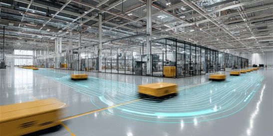 Mobile, gelbe Roboter bewegen sich schnell auf festgelegten Bahnen in einem geräumigen, modernen Lagerhaus mit hohen Decken und verglasten Kontrollräumen.