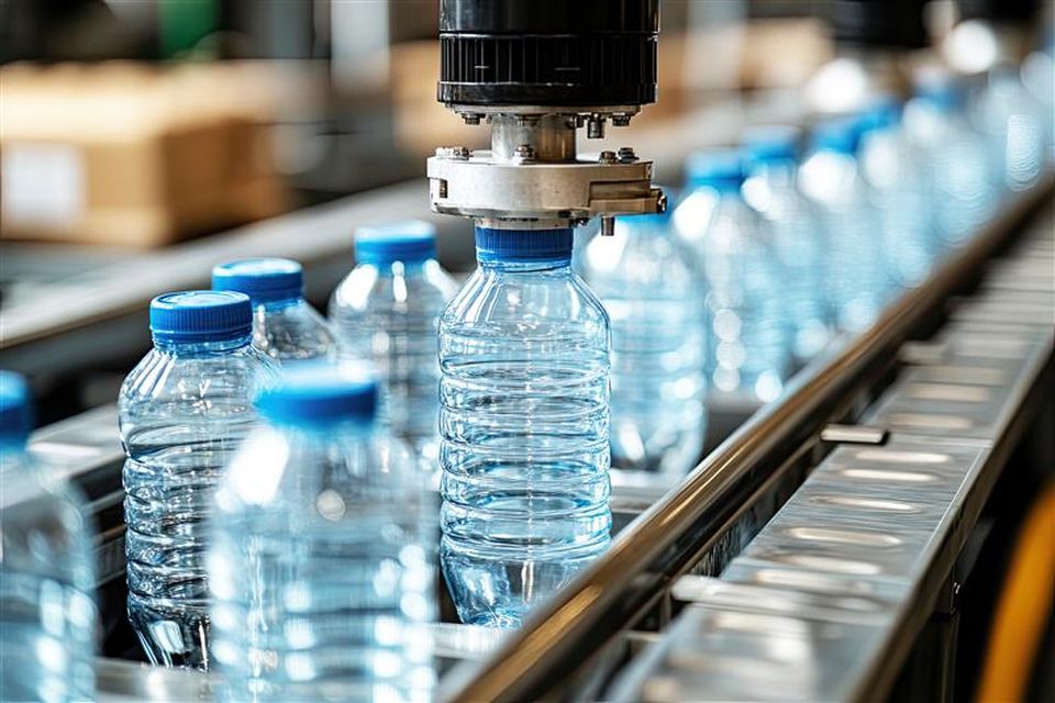 Delta robots sort bottles into crates on the conveyor belt