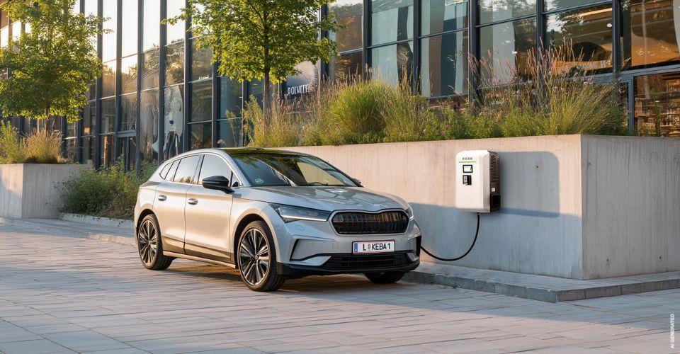 Ein Elektroauto lädt an einer kompakten KEBA KeContact DCW15 Wallbox vor einem modernen Gebäude.