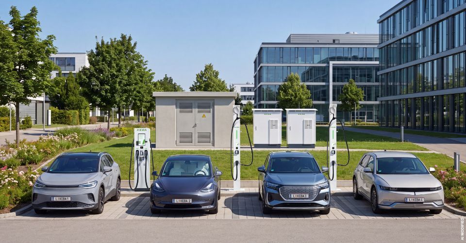 Vier Elektroautos laden an KEBA-Schnellladestationen auf einem Firmenparkplatz.