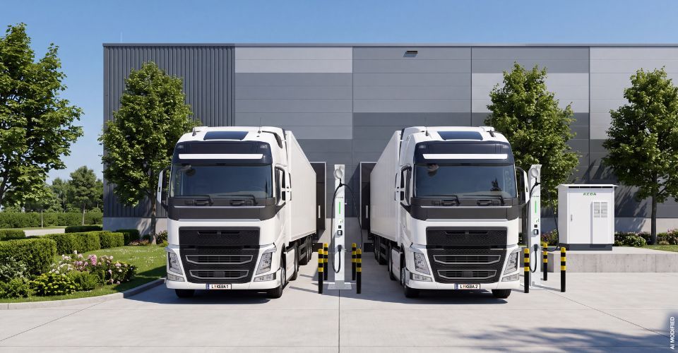 Zwei Elektro-Lkw laden an kompakten KEBA-Ladesäulen KeContact DCL10 vor einem Logistikgebäude.