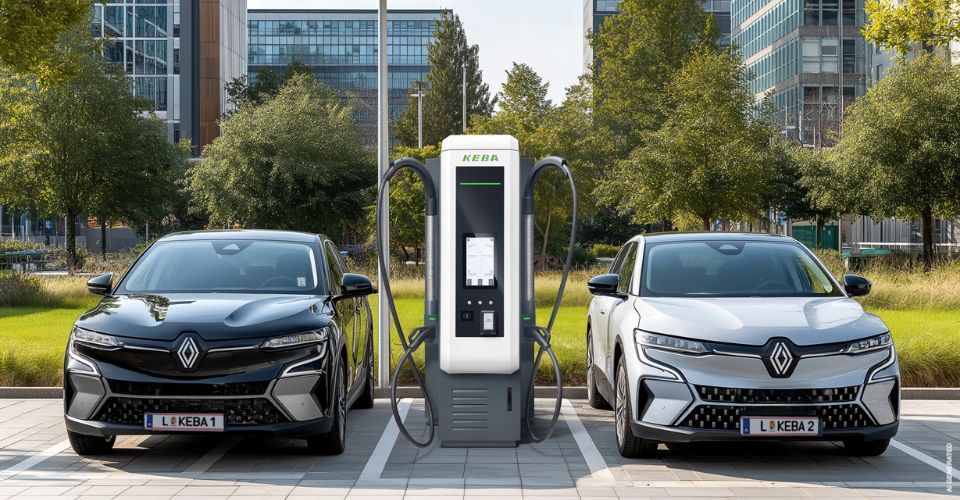 Zwei Elektroautos laden an einer zentralen KEBA KeContact DCA20 Autonomous Charger Schnellladestation auf einem begrünten Parkplatz.