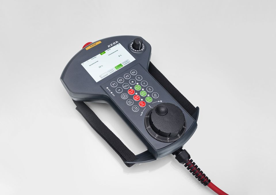 KEBA-HMI KeTop T20N mit Bildschirm, Tasten und einem Drehknopf vor weißem Hintergrund.