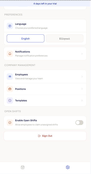 Mobile settings screen