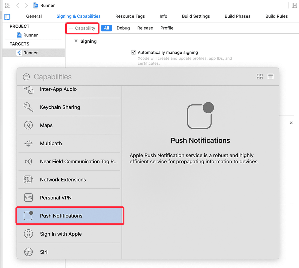Turn on Push Notifications and Background Modes in XCode