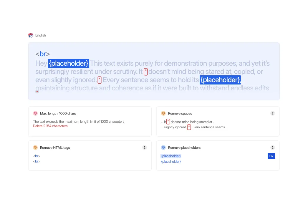 LingoHub quality checks interface showing automated translation validation for placeholders, HTML tags, spacing, and character limits to ensure consistent multilingual content.