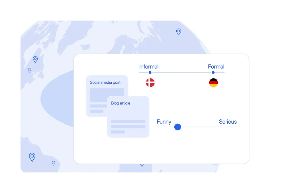 Marketing localization platform landing page showing multilingual campaign adaptation with tone controls, regional content customization, and global translation workflows for marketing teams.