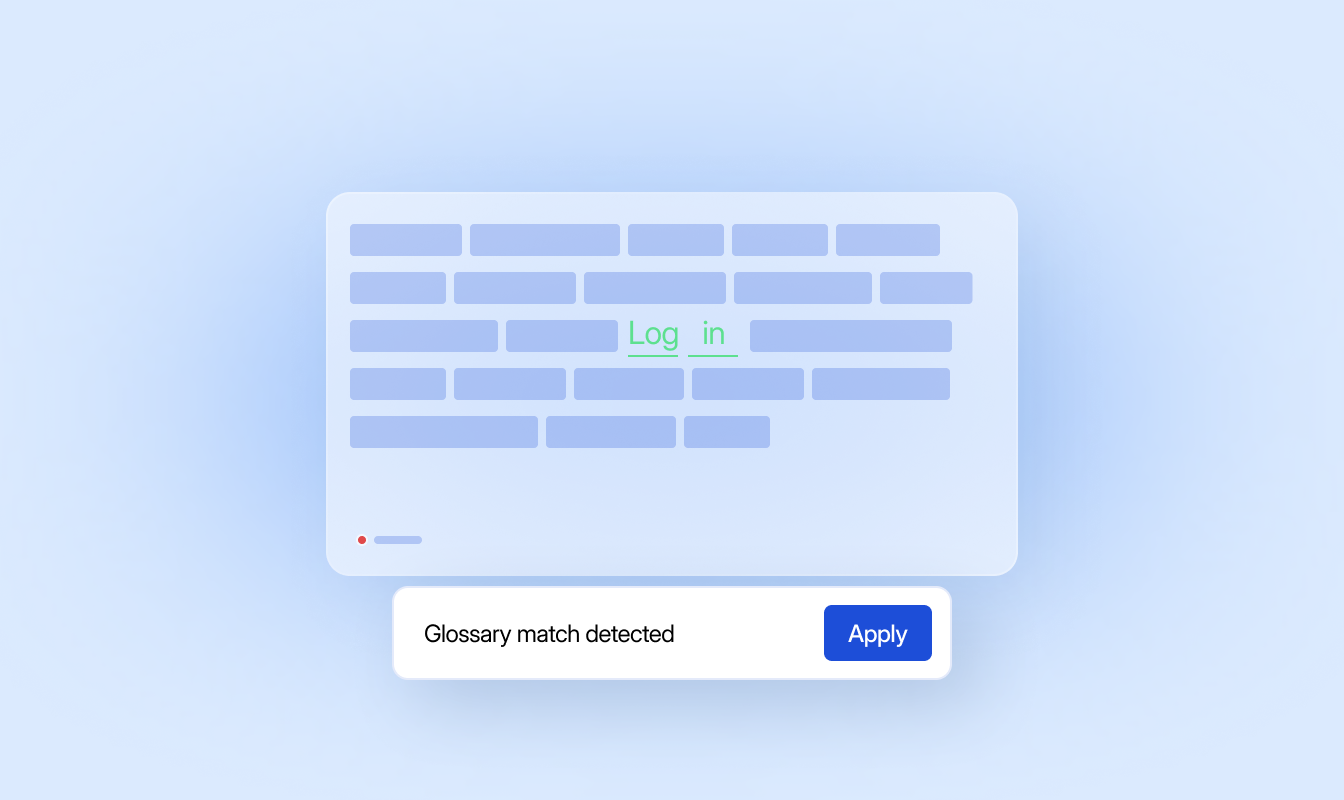 Glossary quality check in LingoHub detecting a glossary match in translated content and prompting the user to apply the approved terminology.