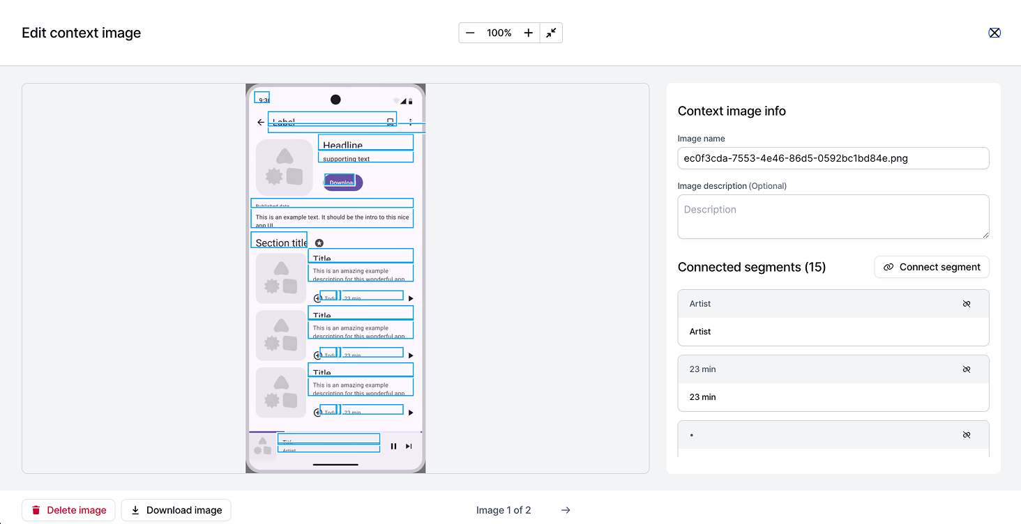 LingoHub context image editor showing a mobile app screenshot with translation segments connected to specific UI elements for visual localization context.