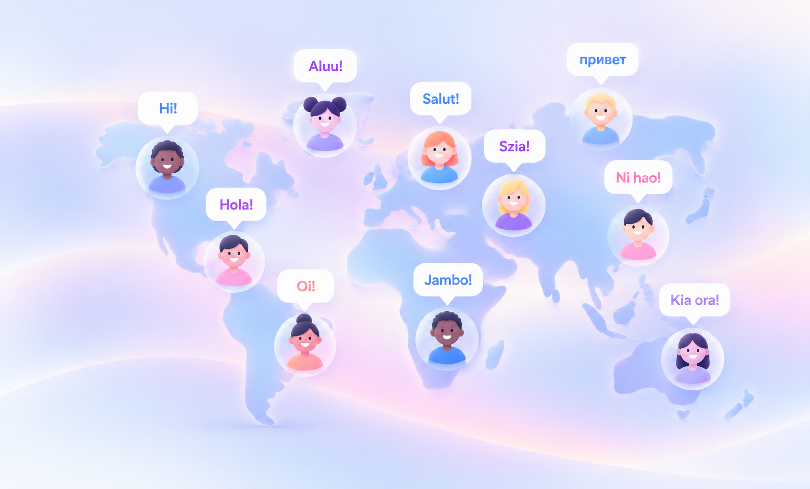 Illustration of a world map featuring people greeting each other in different languages, including English, Spanish, French, Hungarian, Russian, and Japanese. The image highlights multilingual communication, cultural diversity, and the importance of localization in connecting people worldwide.