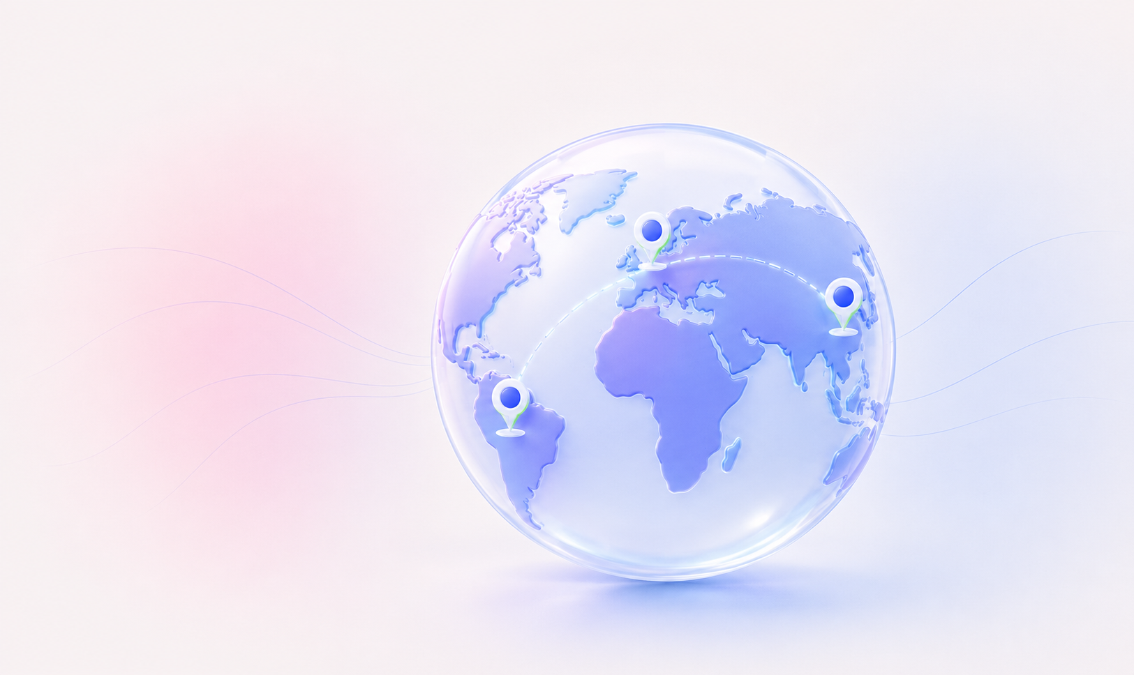 A translucent globe with highlighted map markers on North America, Europe, and East Asia, set against a soft pink and blue gradient background.