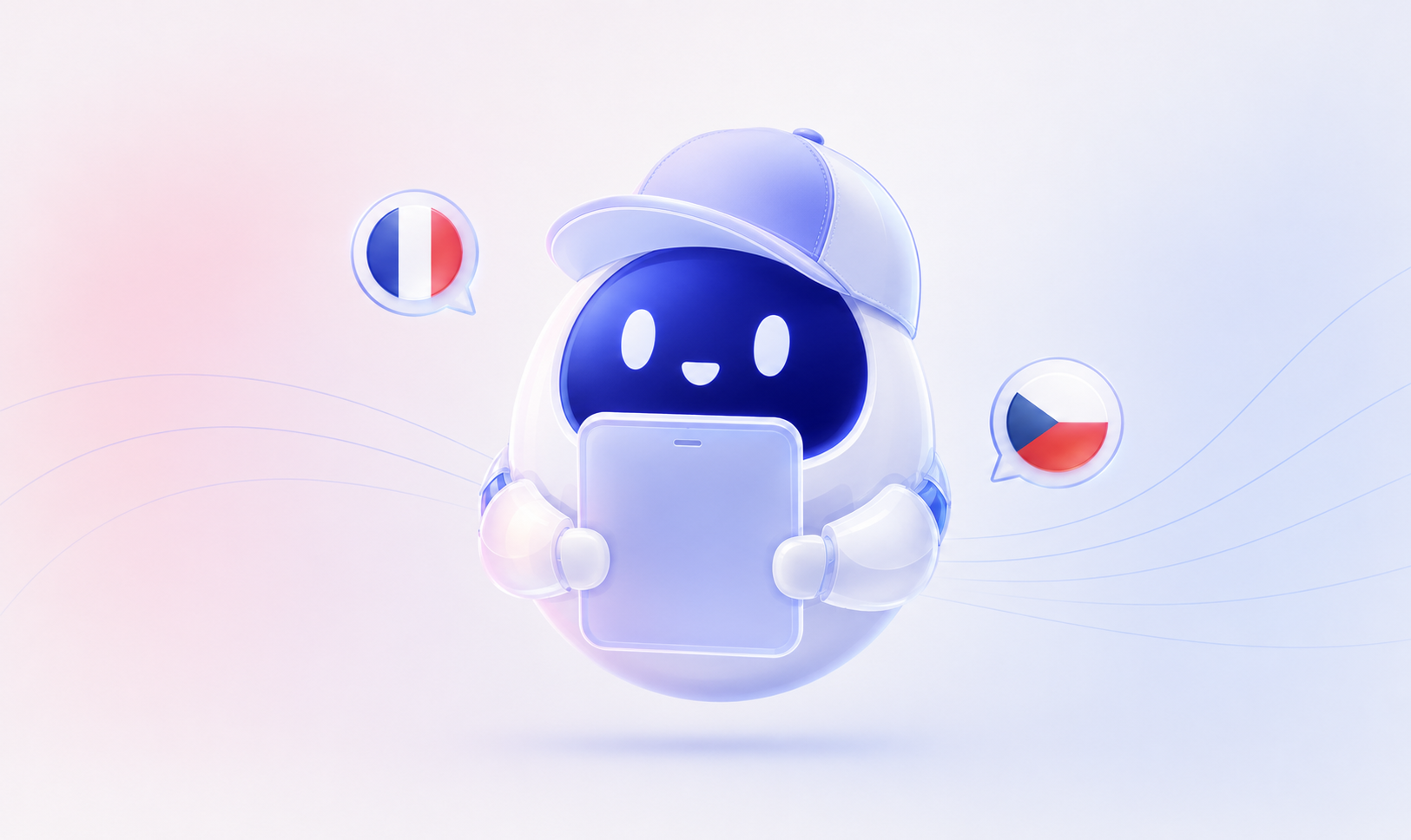 Illustration of a friendly AI chatbot holding a tablet with speech bubbles showing multiple languages, representing AI powered language learning, multilingual communication, and automated translation for global teams.