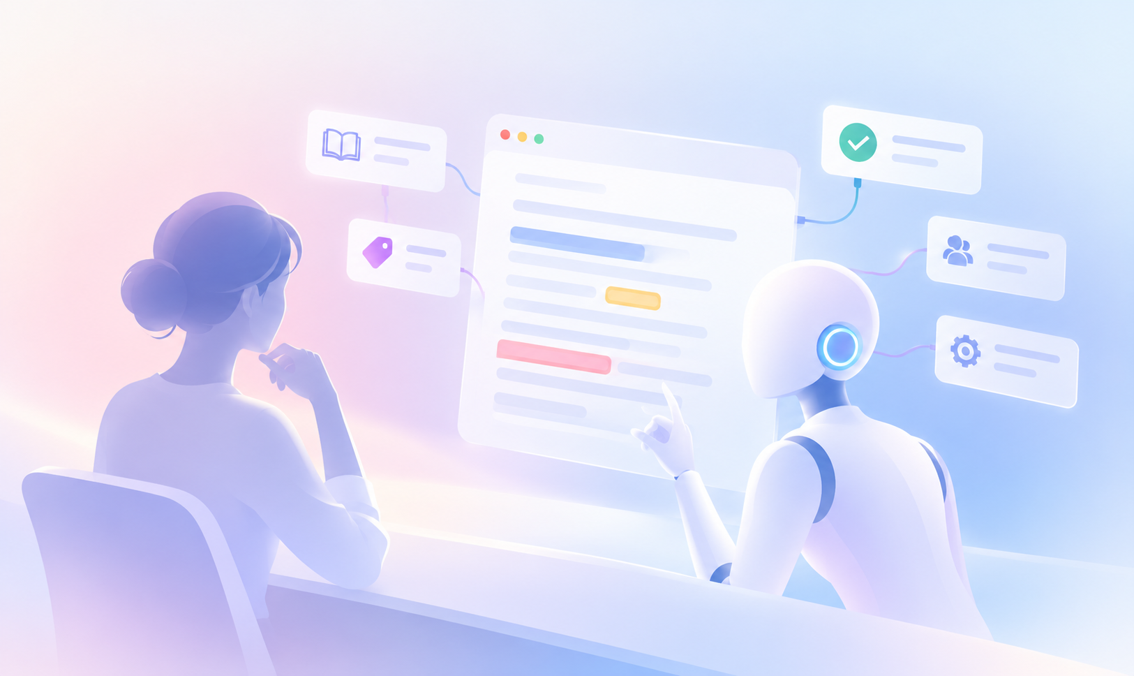 Illustration of AI judgment in localization, showing a human and AI reviewing multilingual content together with context, terminology, quality, and workflow information.