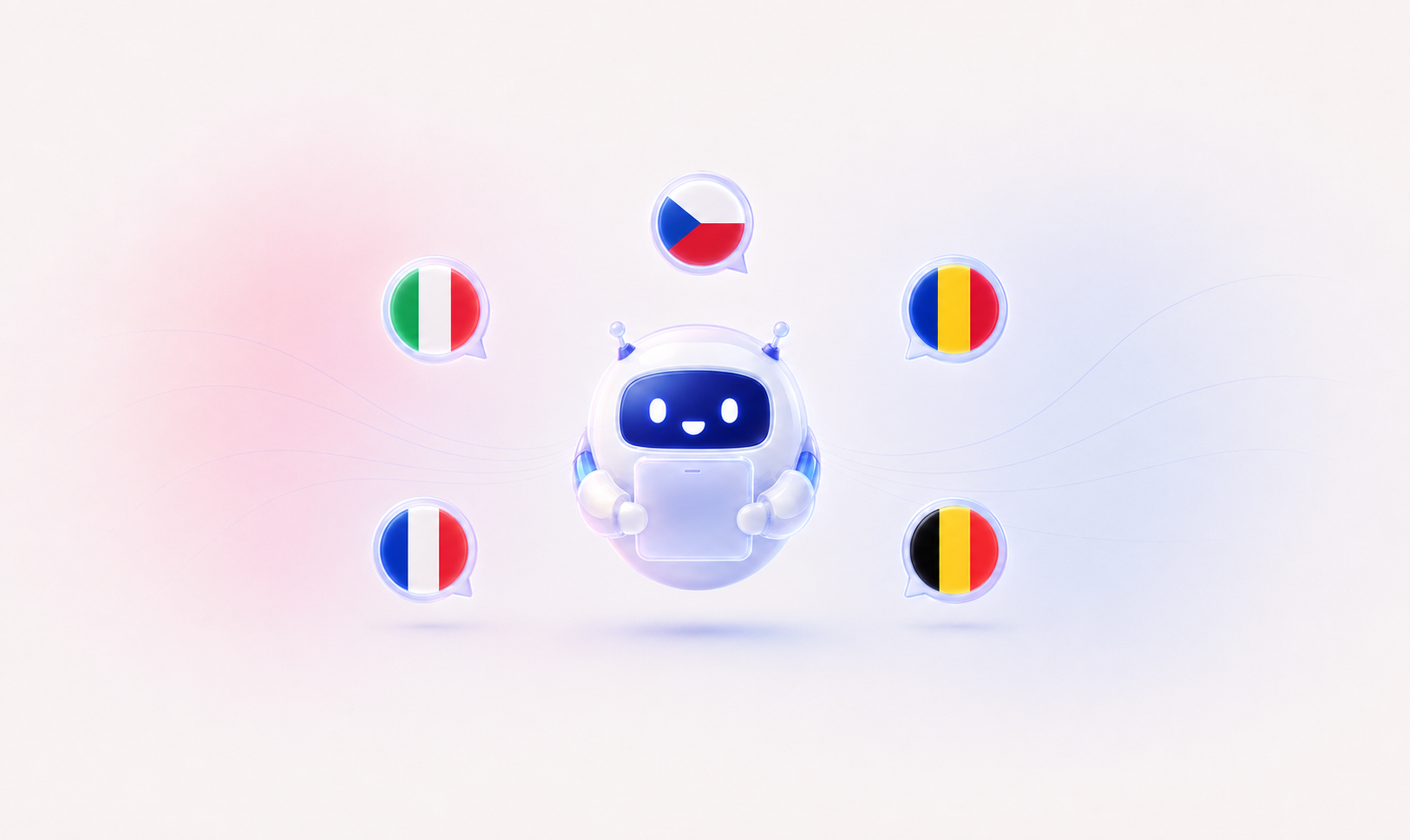 Cartoon robot holding a tablet with speech bubbles showing Czech, Italian, Romanian, Luxembourgish, and Belgian flags around it.