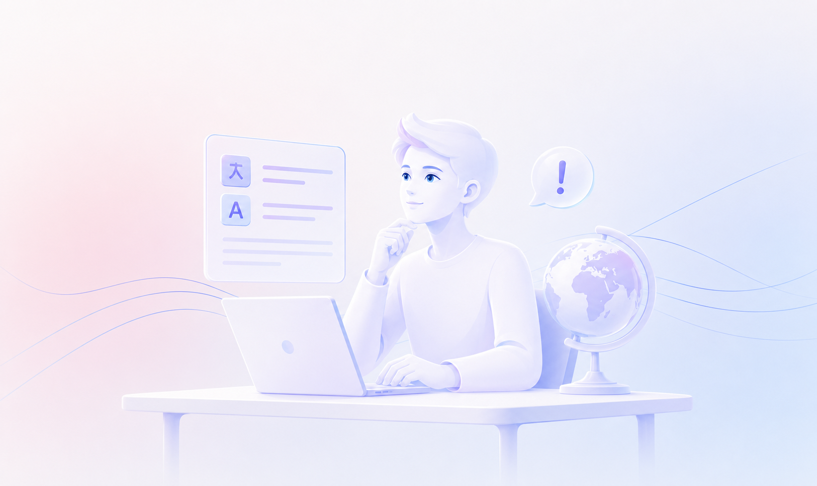 Illustration of a professional translator working on multilingual content, highlighting professional translation services for accurate business localization and global communication.