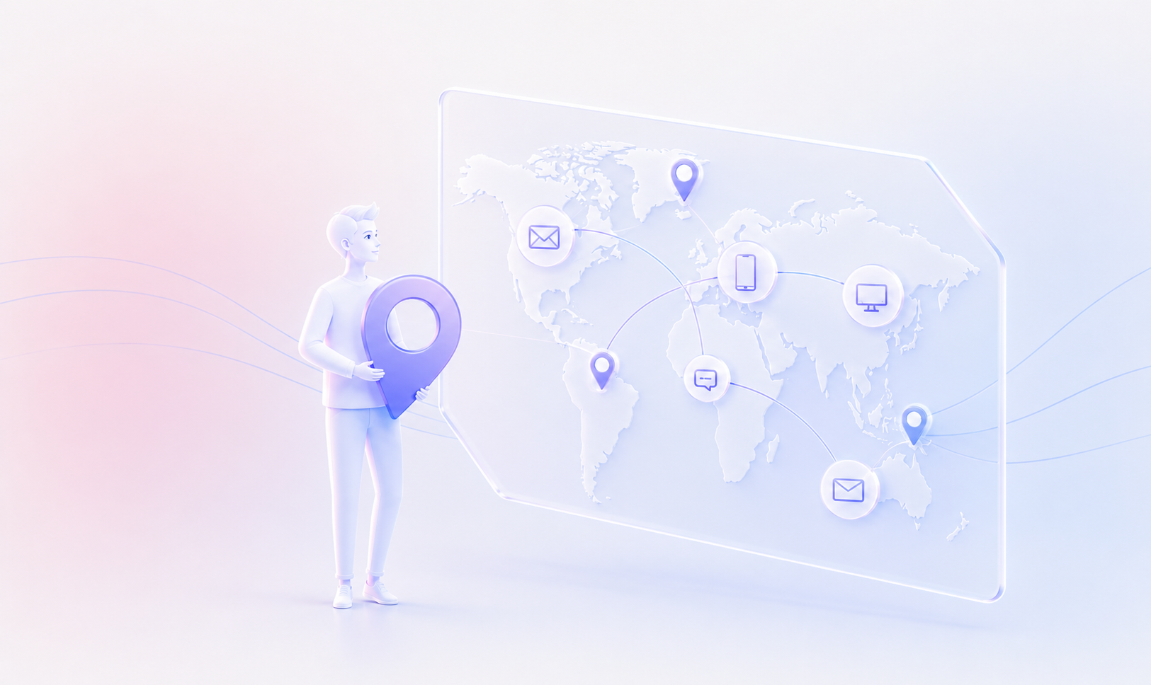 Illustration of global market expansion showing a world map with location pins and communication channels, representing international growth through localization and multilingual customer engagement.