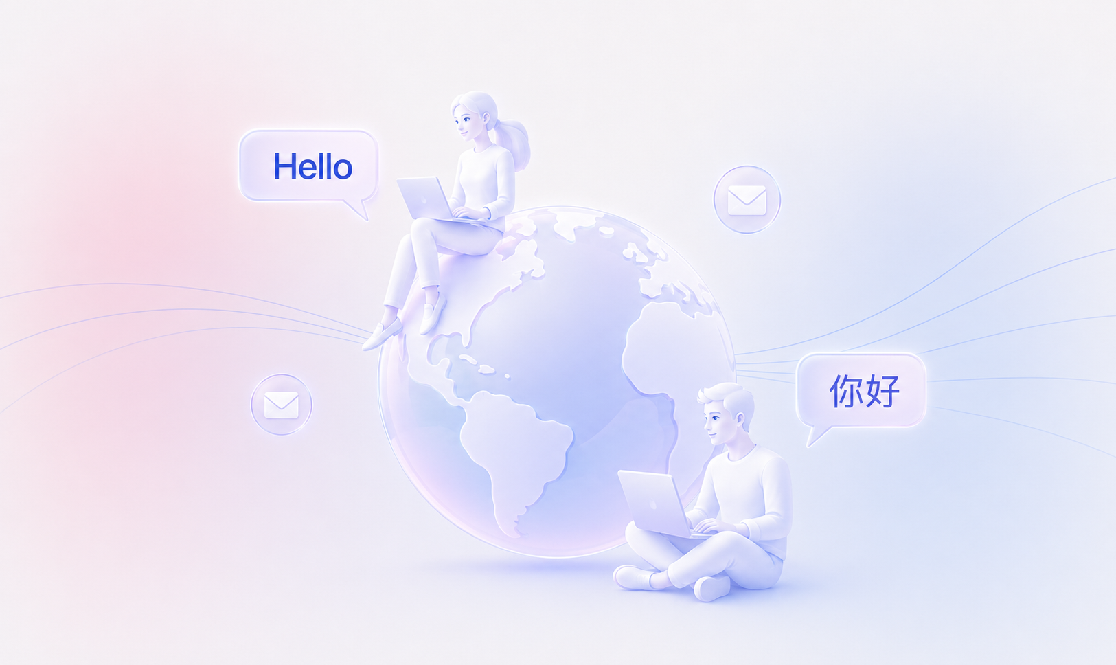 Illustration of people communicating across the globe in multiple languages using laptops, speech bubbles, and messaging icons, representing multilingual communication and global collaboration through localization.