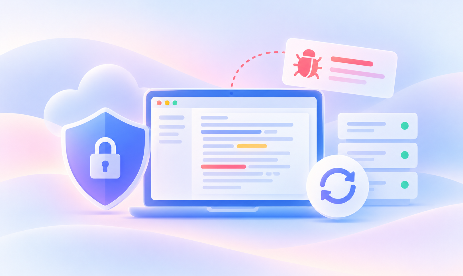 Illustration of SaaS cybersecurity risks, showing a laptop with a security shield, vulnerability alert, and software updates to prevent PHP-related attacks.