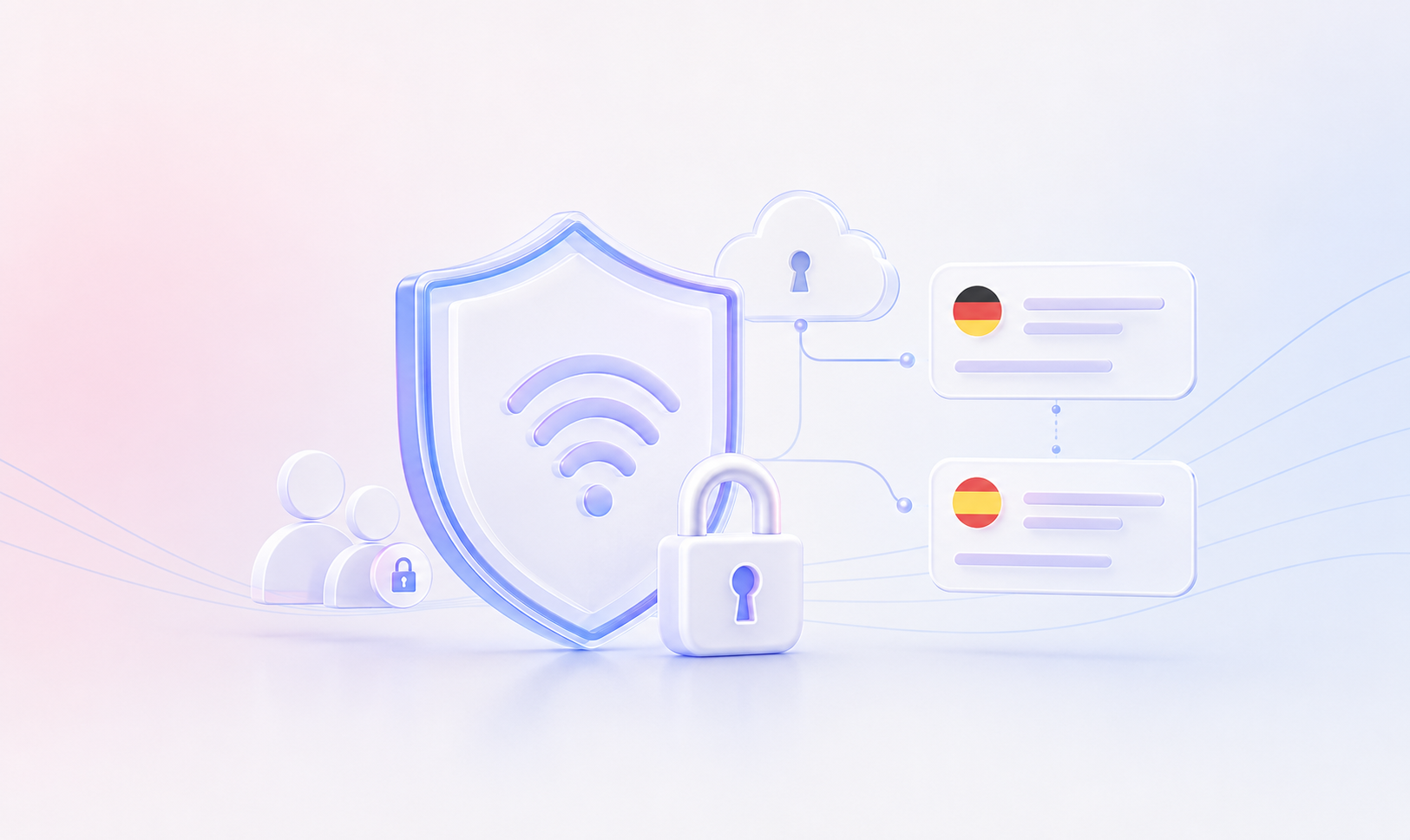 Illustration of secure translation workflows with security shields, encryption, cloud protection, and multilingual content cards. The image represents secure translation management, protected localization data, and encrypted collaboration across global teams.