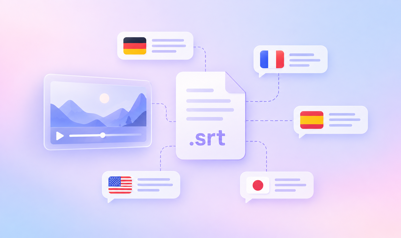 Illustration of an SRT subtitle file connected to a video and translated subtitle content in German, French, Spanish, English, and Japanese, representing multilingual SRT file translation for video localization.