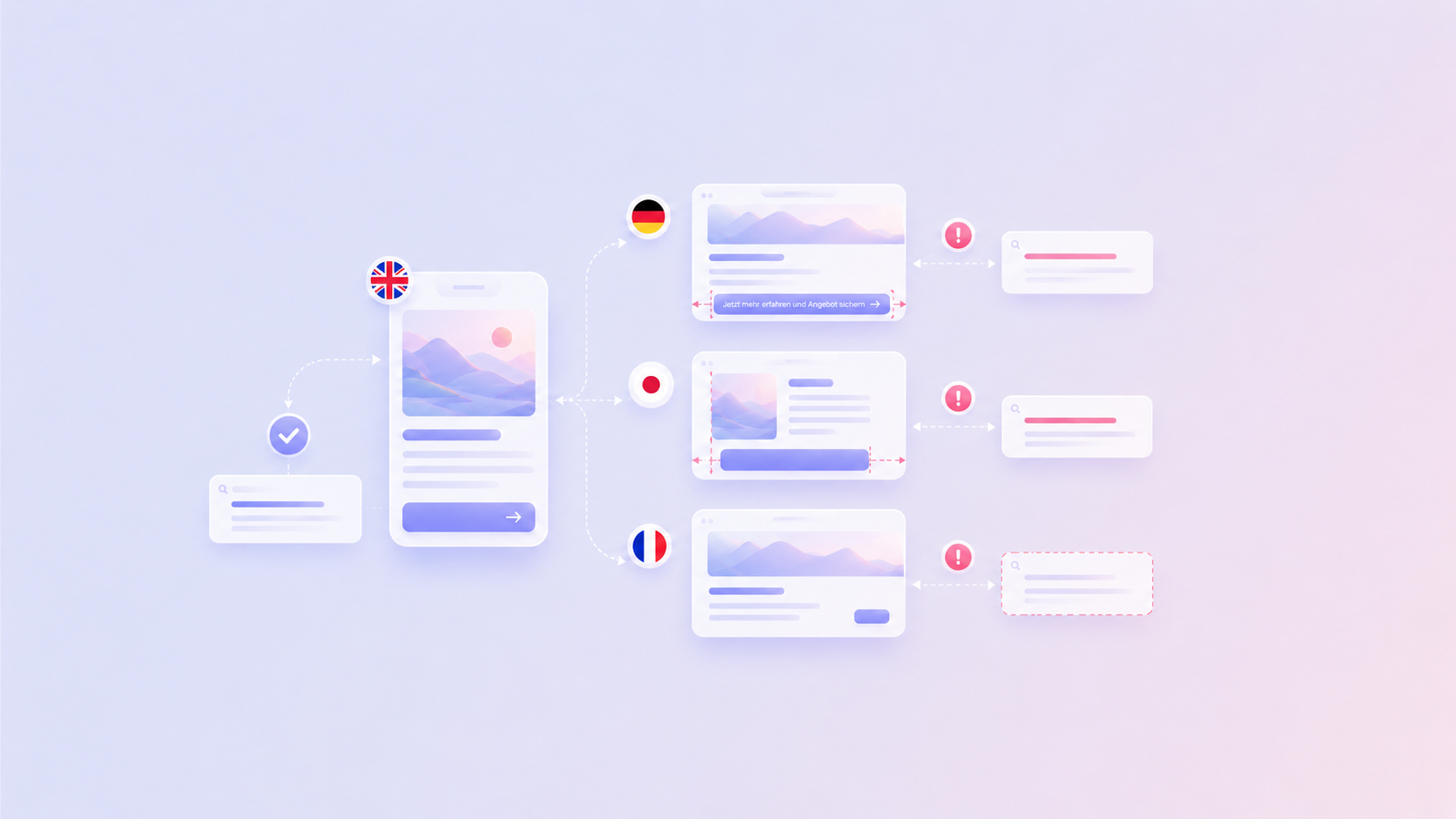 Illustration of an i18n workflow adapting a website layout and content for English, German, Japanese, and French.