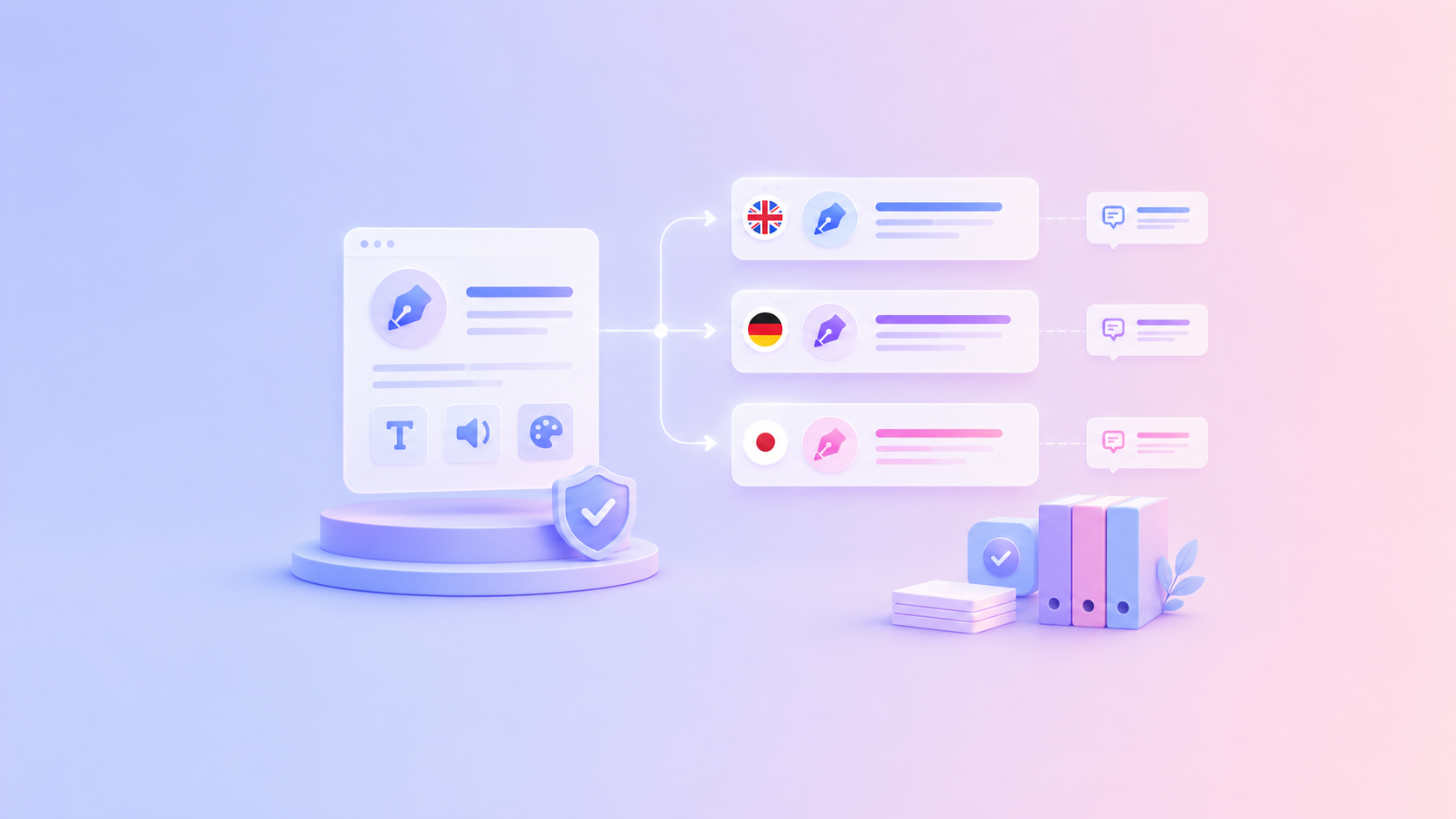 Illustration of multilingual content management with localized content flowing into multiple languages, supported by governance, quality assurance, and structured localization workflows.