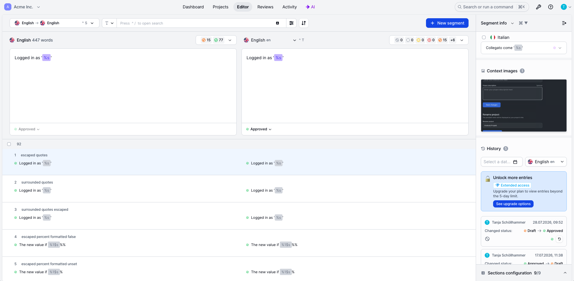 LingoHub translation editor showing placeholders, a context image, and translation history.