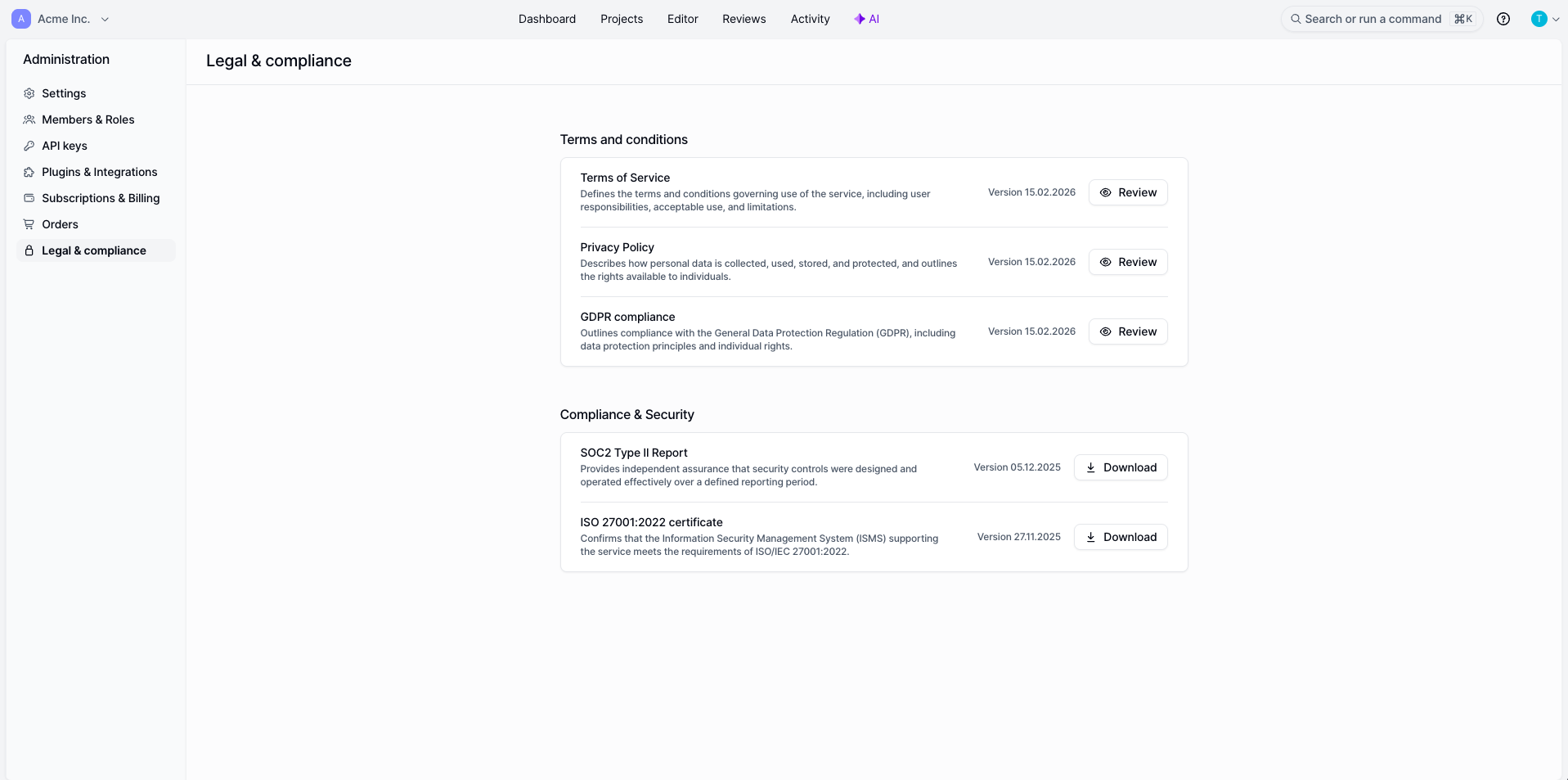 Screenshot of the LingoHub Legal & Compliance section, where administrators can review the Terms of Service, Privacy Policy, and GDPR compliance information, and download SOC 2 Type II and ISO 27001 security certificates.