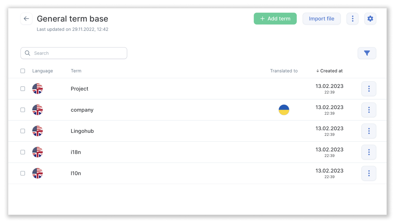Screenshot of a localization term base management interface showing approved terminology entries, language mappings, translations, search tools, and glossary administration features.