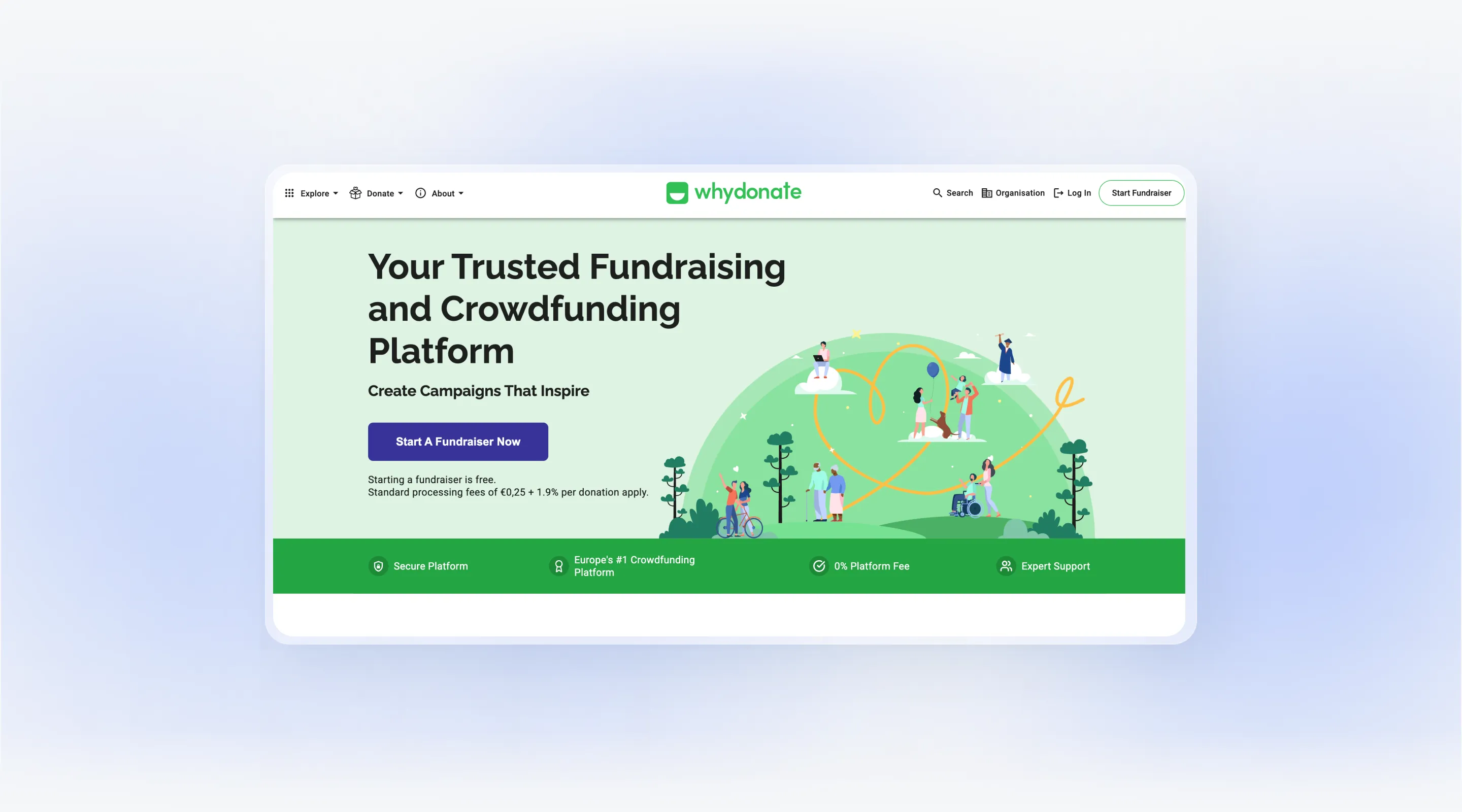 WhyDonate fundraising platform website localized into multiple languages to support international donor engagement.